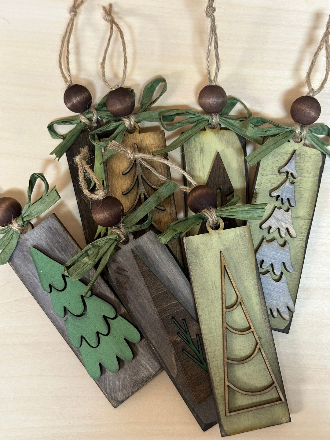 Rustic Christmas Tree Ornaments - Green Gray Brown Stained Vintage ...
