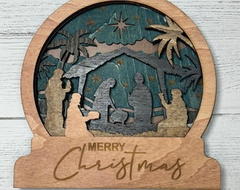 Wooden Layered Snow Globe with Merry Christmas and Nativity Theme Bethlehem - Stained Wood Home Decor Rustic