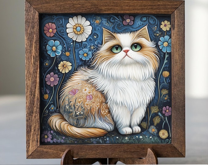 5.5” Framed Cat Art & Easel – Whimsical Folk Art Floral Cat, Rustic Farmhouse Shelf Decor, Cozy Cottage Home Accent
