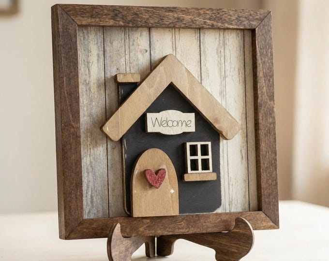Welcome Wood Sign and Easel – Framed Layered Wood Decor with Easel, Rustic Farmhouse Shelf Sign, Housewarming Gift