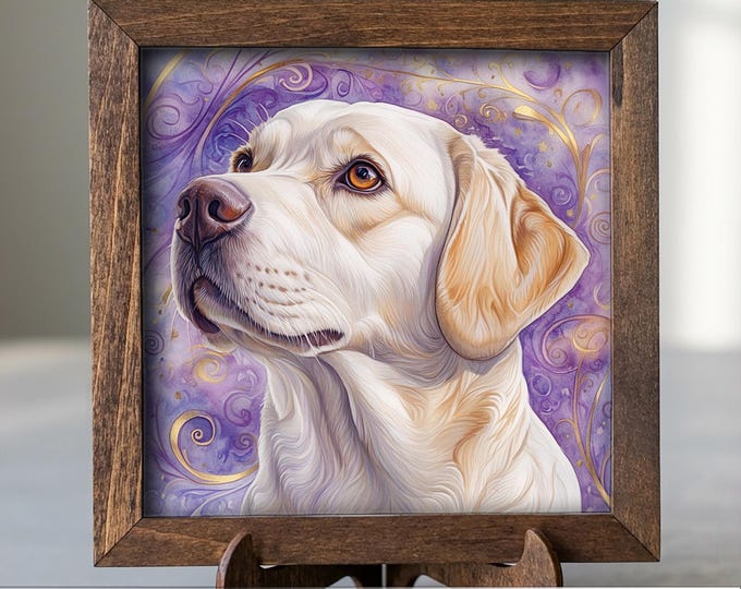 Yellow Laborador Retriever Dog Framed Art, Watercolor Golden Retriever Portrait, 5.5 Inch Shelf Decor with Easel, Dog Lover Gift