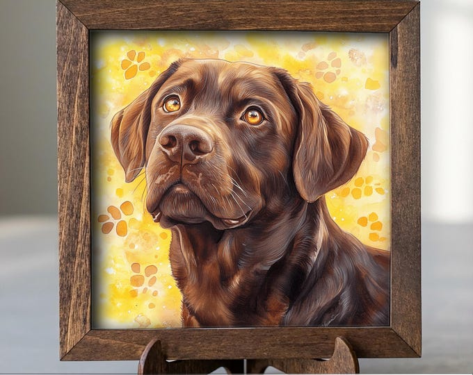 Chocolate Laborador Retriever Dog Framed Art, Watercolor Golden Retriever Portrait, 5.5 Inch Shelf Decor with Easel, Dog Lover Gift
