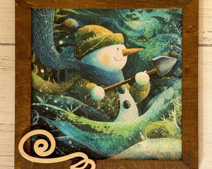 Snowman Art Sign 5.5 Inch & Easel – Rustic Farmhouse Winter Decor, Framed Snowman Wall Art, Cozy Christmas Shelf Sign, Handmade Wood Art