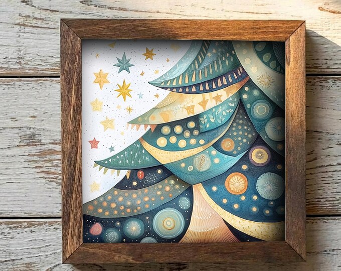 5.5” Framed Christmas Tree Wall Art – Whimsical Holiday Tree, Winter Farmhouse Shelf Decor, Cozy Seasonal Home Accent