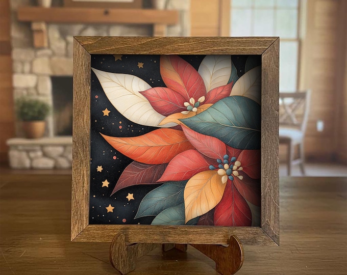 5.5” Framed Holiday Floral Art – Whimsical Poinsettia Style, Christmas Farmhouse Shelf Decor, Cozy Seasonal Home Accent