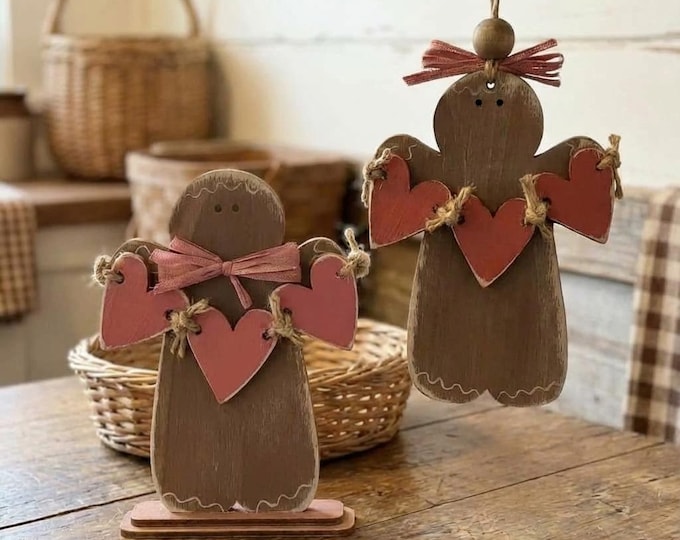 Gingerbread Valentine Decor – Handmade Rustic Wood Gingerbread Shelf Sitter or Ornament with Heart Banner