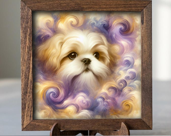 Gold and White Shih Tzu Dog Framed Art, Watercolor Shiba Inu Portrait, 5.5 Inch Shelf Decor with Easel, Dog Lover Gift