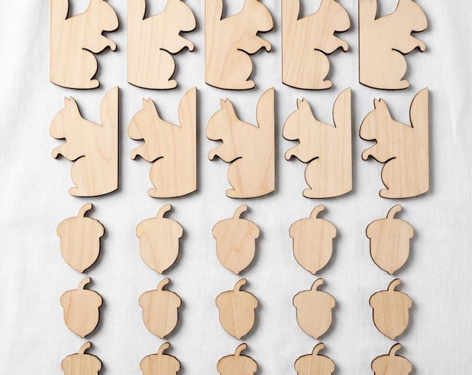 Unfinished Squirrels and Acorns Wood Shape Cutout | DIY Craft Blank | Natural Wood Laser Cut Shape | Ornament, Tag, Decor Supply