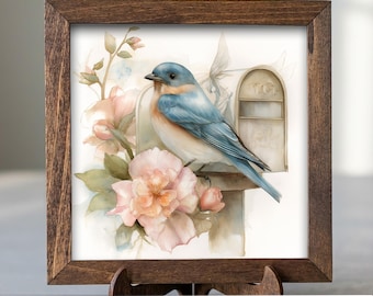 Bluebird Floral Art | Farmhouse Spring Tiered Tray Decor (Wood Frame)