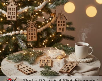 Rustic Wooden House Christmas Ornaments Scandinavian Farmhouse Village Set or Individual Layered Wood Holiday Decor Bulk Discounts Available