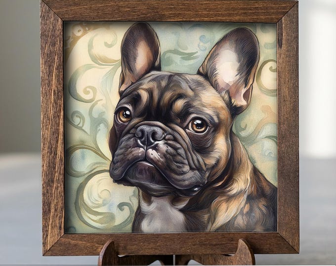 Brindle French Bulldog Dog Framed Art, Watercolor French Bulldog Portrait, 5.5 Inch Shelf Decor with Easel, Dog Lover Gift