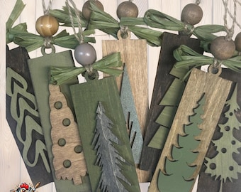Rustic Christmas Tree Ornaments - Green Gray Brown Stained Vintage Gift Pack or Bulk Winter Tree Holiday Ornament Finished Handpainted