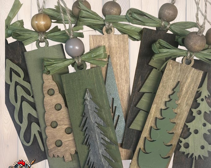 Rustic Christmas Tree Ornaments - Green Gray Brown Stained Vintage Gift Pack or Bulk Winter Tree Holiday Ornament Finished Handpainted