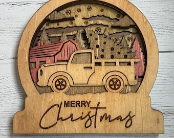 Wooden Layered Snow Globe with Merry Christmas and Tree Truck  - Stained Wood Home Decor Key Hook Rustic