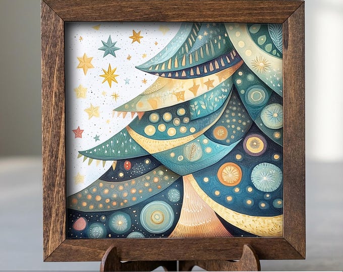 5.5” Framed Christmas Tree Art – Whimsical Holiday Tree, Winter Farmhouse Shelf Decor, Cozy Seasonal Home Accent