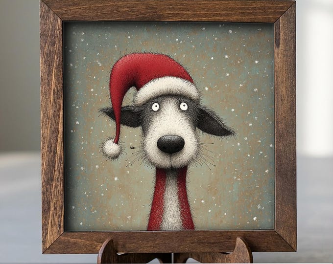Funny Christmas Dog Framed Art | Whimsical Holiday Dog Illustration | Pet Lover Christmas Decor | Rustic Wood Frame | Easel Include