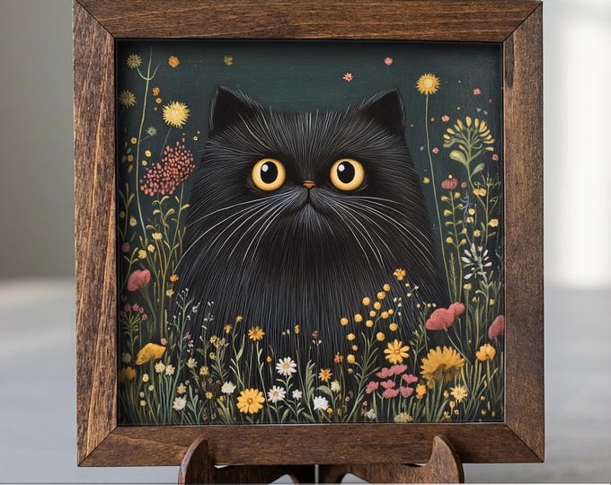 5.5” Framed Cat Art & Easel – Whimsical Folk Art Floral Black Cat, Rustic Farmhouse Shelf Decor, Cozy Cottage Home Accent