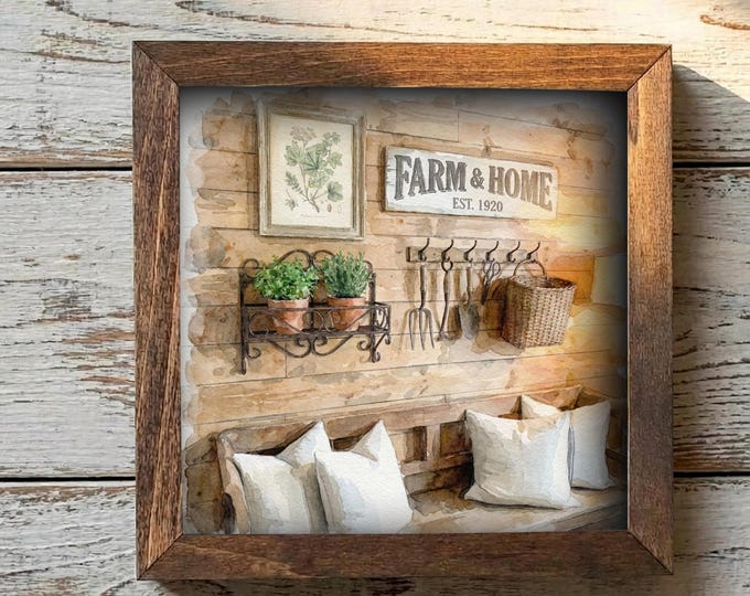 5.5” Framed Farmhouse Art – Cozy Rustic Interior Scene, Cottage Shelf Decor, Neutral Farmhouse Home Accent