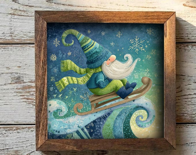 Winter Gnome Framed Art | Whimsical Christmas Decor | Cozy Nordic Gnome Illustration | Rustic Farmhouse Frame