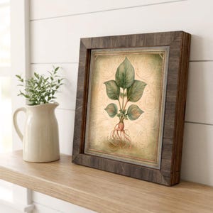 May include: A square framed wall art piece featuring a botanical illustration of a plant with green leaves and visible roots. The artwork is set against a light beige background with subtle swirling line patterns, enclosed in a dark wood frame.