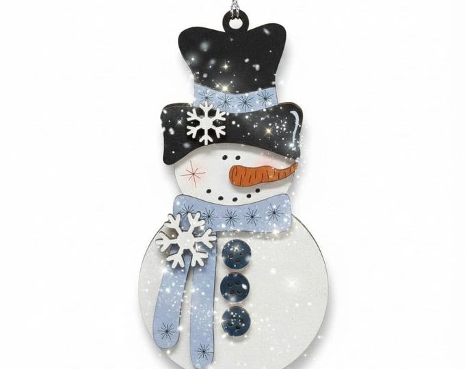 Handmade Snowman Christmas Ornament – Light Blue Scarf Rustic Winter Decor | Layered Wood Snowman | Farmhouse Holiday Ornament Gift
