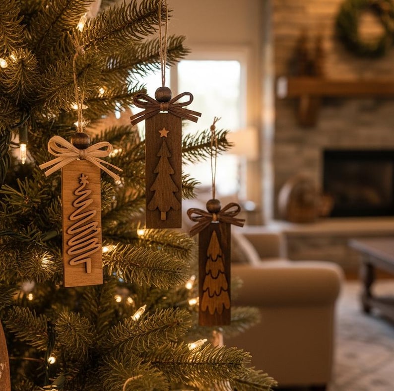 Assorted rustic Christmas tree ornaments in neutral wood stains with raffia bows.
