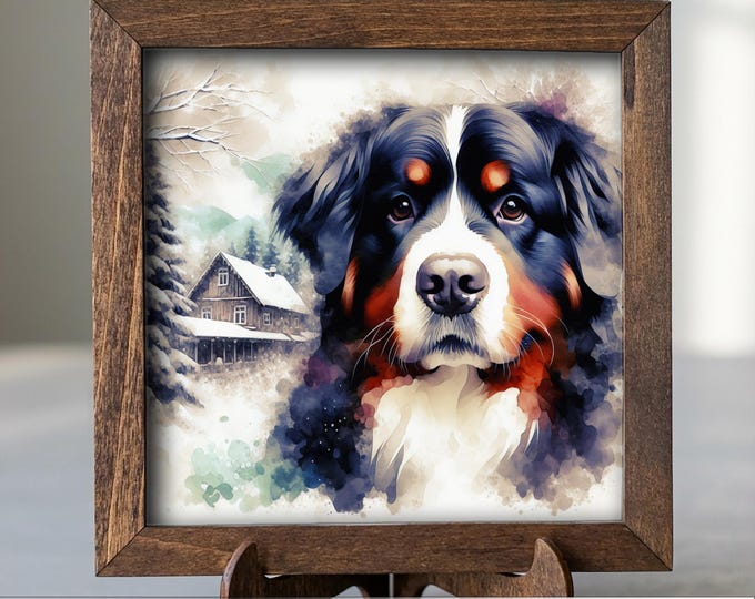Black white and rust Bernese Mountain Dog Framed Art, Watercolor Bernese Mountain Portrait, 5.5 Inch Shelf Decor with Easel, Dog Lover Gift