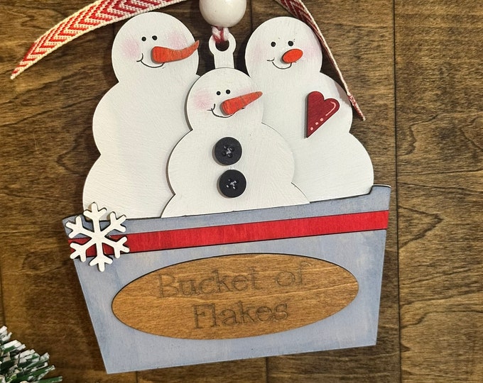 Handmade Bucket of Flakes Snowman Ornament – Rustic Christmas Decoration