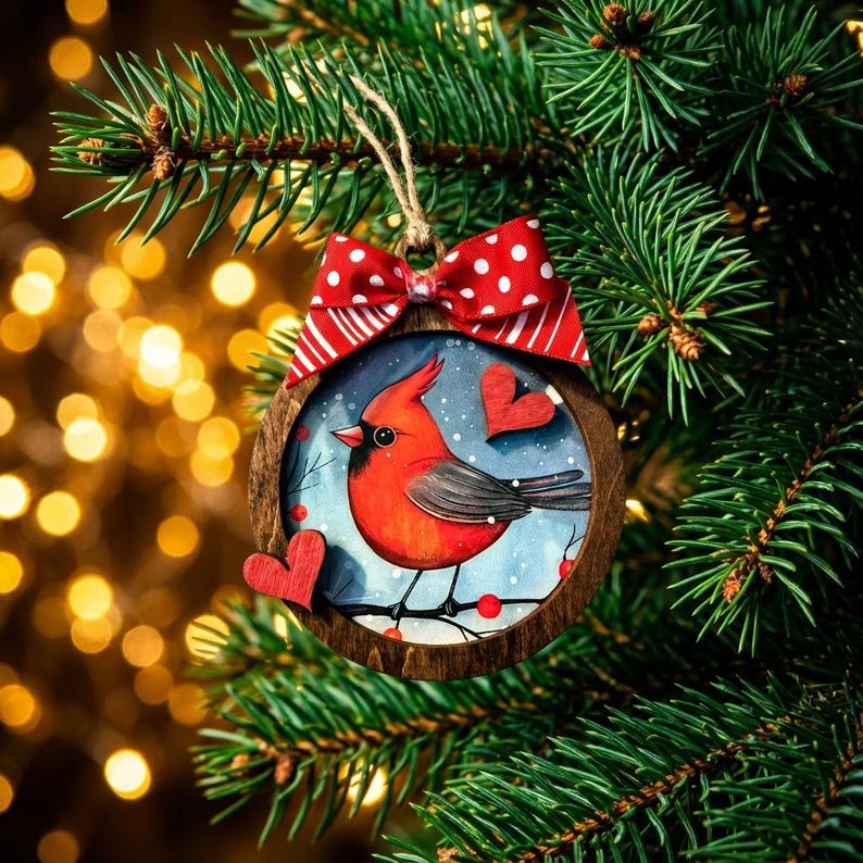 May include: A round wooden Christmas ornament featuring a red cardinal bird illustration, red heart accents, and a red and white polka dot bow. The ornament hangs from a natural twine string and is set against a backdrop of a Christmas tree.