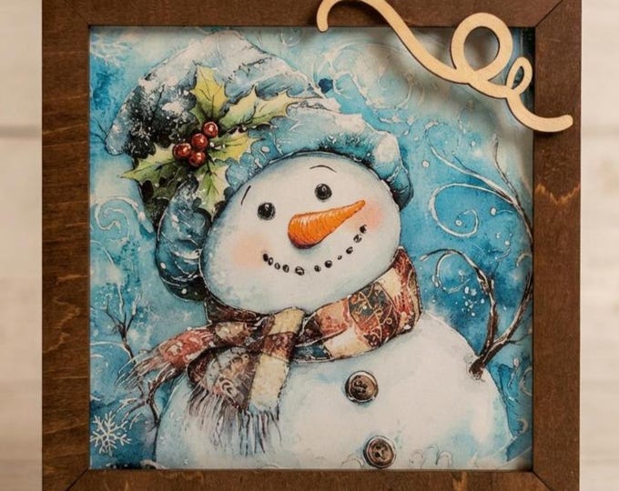 Snowman Art Sign 5.5 Inch & Easel – Rustic Farmhouse Winter Decor, Framed Snowman Wall Art, Cozy Christmas Shelf Sign, Handmade Wood Art