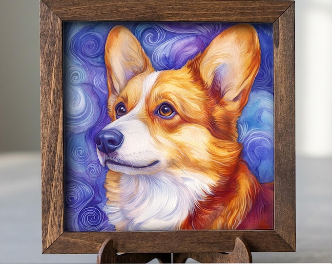 Red and white Corgi Dog Framed Art, Watercolor Corgi Portrait, 5.5 Inch Shelf Decor with Easel, Dog Lover Gift