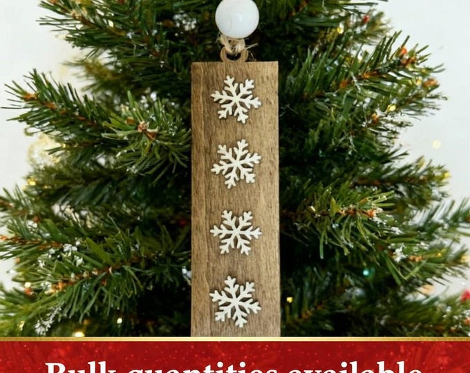 Rustic Wooden Snowflake Ornaments - Handmade Rectangle Christmas Tree Decor - Winter Holiday Farmhouse Style Single or Bulk
