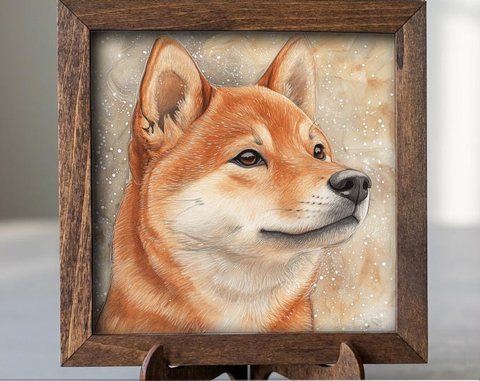 Red Sesame Shiba Inu Dog Framed Art, Watercolor Shiba Inu Portrait, 5.5 Inch Shelf Decor with Easel, Dog Lover Gift