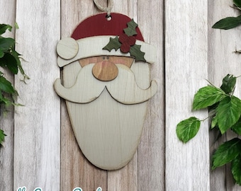 Rustic Santa Ornament - Hand Painted Wood - Christmas Tree Decor - OOAK Holiday Gift - Farmhouse Ornament with Beaded Hanger