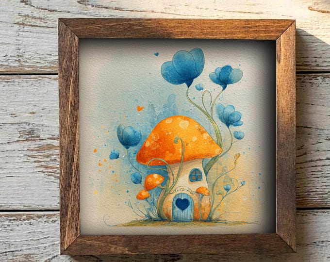 Whimsical Mushroom Cottage Framed Art | Fairy House Decor | Storybook Nursery Art | Rustic Farmhouse Frame | Easel Included