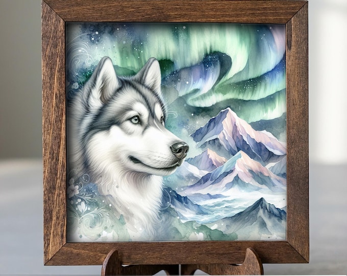 Gray and white Husky Dog Framed Art, Watercolor Husky Portrait, 5.5 Inch Shelf Decor with Easel, Dog Lover Gift