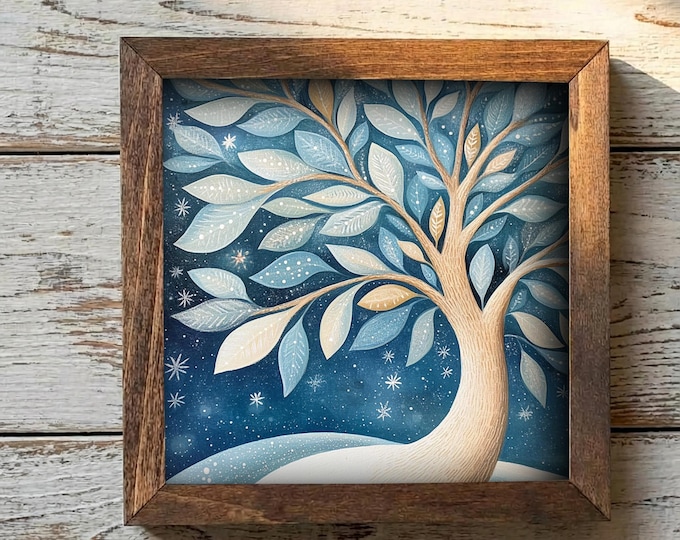 5.5” Framed Winter Tree Art – Whimsical Nature Illustration, Cozy Farmhouse Shelf Decor, Blue Neutral Home Accent
