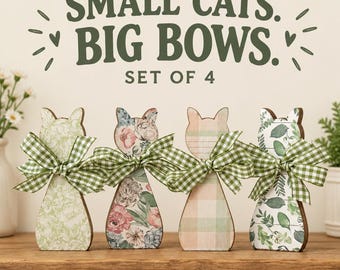 Juego de 4 adornos florales pequeños para gatos, posavasos de madera para gatos, decoración rústica para gatos, bandeja escalonada de estilo granja, regalo para amantes de los gatos