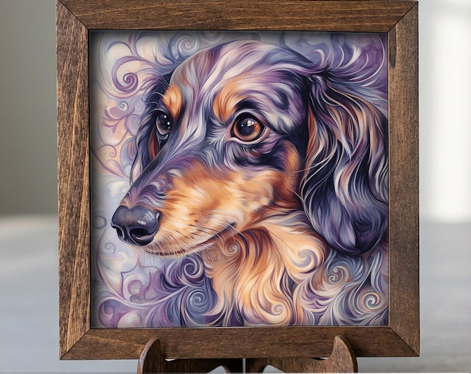 Dapple Dachshund Dog Framed Art, Watercolor Dachshund Portrait, 5.5 Inch Shelf Decor with Easel, Dog Lover Gift