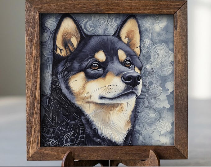 Black and Tan Shiba Inu Dog Framed Art, Watercolor Shiba Inu Portrait, 5.5 Inch Shelf Decor with Easel, Dog Lover Gift