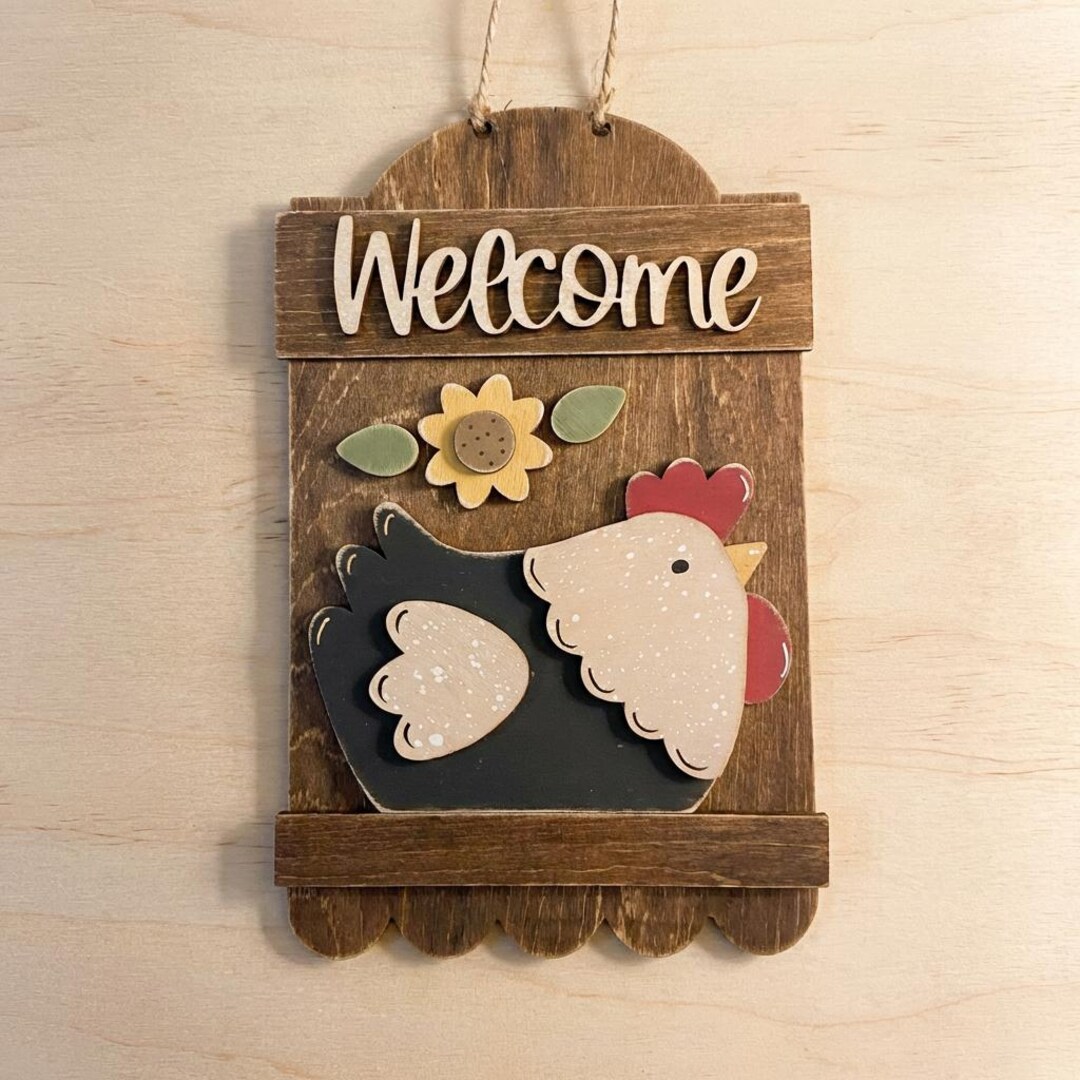 Farmhouse Chicken Welcome Sign | Layered Wood Hen Decor - Etsy