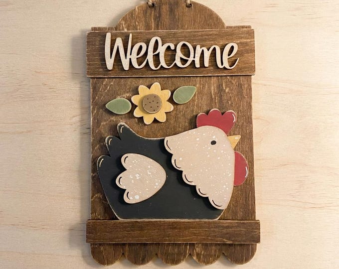 Farmhouse Chicken Welcome Sign | Rustic Layered Wood Hen Decor | Country Kitchen or Entryway Wall Sign