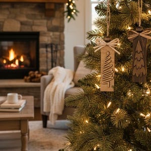 Wooden tree ornaments hanging on Christmas tree with fireplace background, cozy décor.