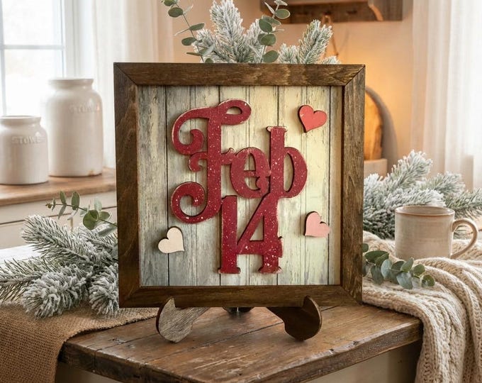 Feb 14 Valentine Sign, Layered Wood Framed Decor, Rustic Valentine Shelf Sign, Farmhouse Valentine Gift, Easel Included