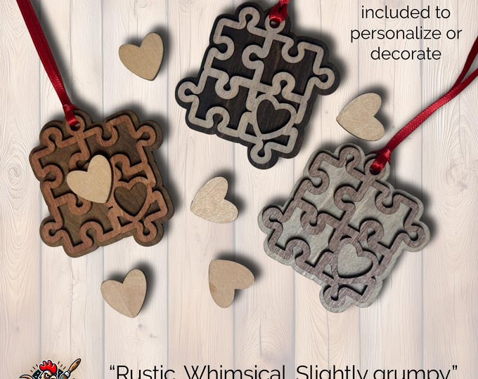 Autism Awareness 3 Puzzle Heart Ornaments – Set of 3 – Layered Wood – Includes 6 Personalizable Hearts – DIY Craft Gift – Handmade