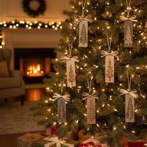 Rustic layered wood ornaments with farmhouse charm, perfect for Christmas trees.