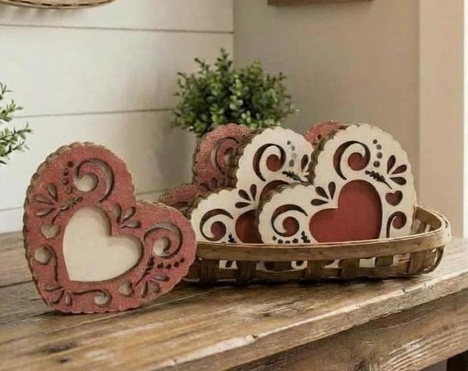 Mini Reversible Lacy Heart Decor – Rustic Valentine Shelf Sitter – Tiered Tray or Basket Stuffer