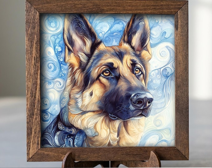 Black and tan German Shepherd Dog Framed Art, Watercolor German Shepherd Portrait, 5.5 Inch Shelf Decor with Easel, Dog Lover Gift