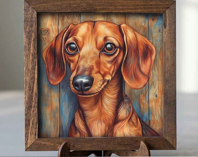 Red Dachshund Dog Framed Art, Watercolor Dachshund Portrait, 5.5 Inch Shelf Decor with Easel, Dog Lover Gift