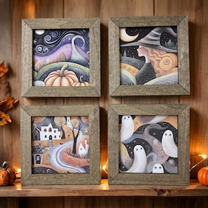 May include: Four framed Halloween-themed art prints. The prints feature whimsical illustrations of pumpkins, a witch, a village scene, and ghosts. Each print is in a square, weathered-look wooden frame, perfect for seasonal decor.